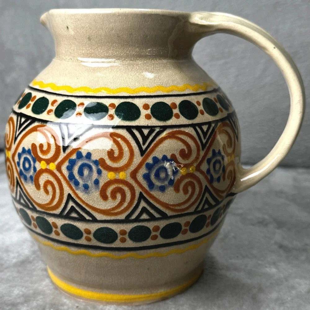 Vintage Mexican Folk Art Pottery Pitcher Tonala Style Hand Painted Ceramic Jug